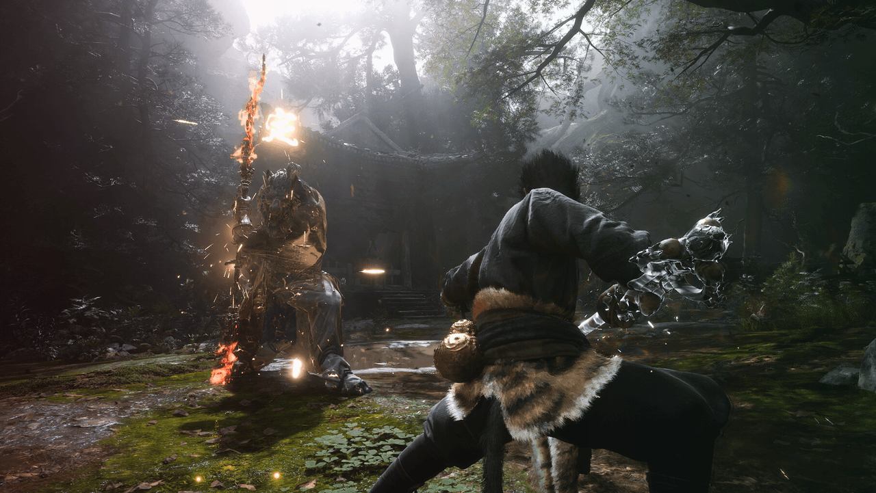 The Destined One faces a boss in a misty forest