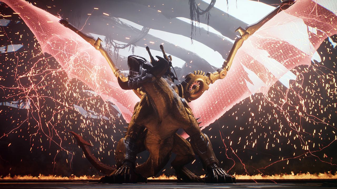 A winged demon lord lit by a shower of sparks