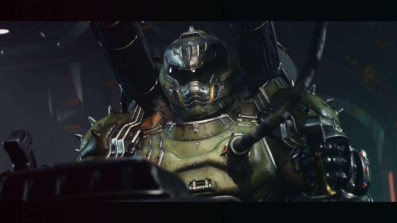 The Slayer in green armour, seen close up