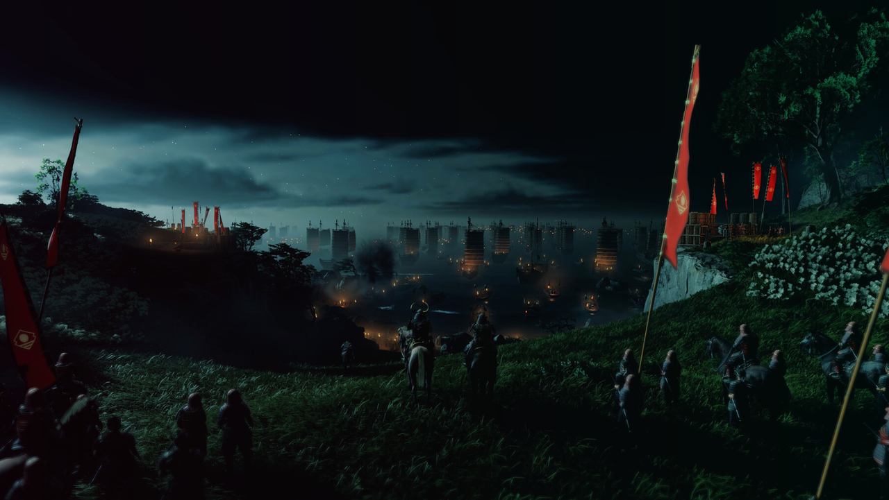 Mongol banners and fires across a hillside at night