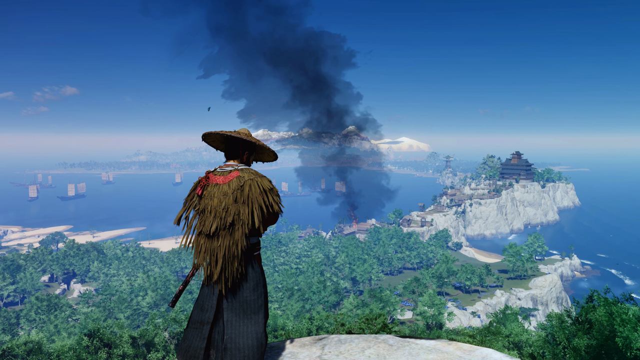 Jin in a straw hat looks out over the sea from a cliff