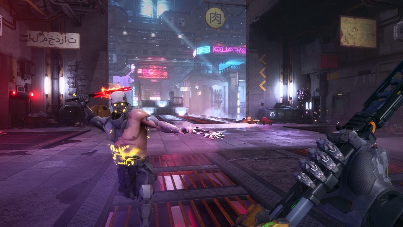 A katana raised in a neon-lit corridor