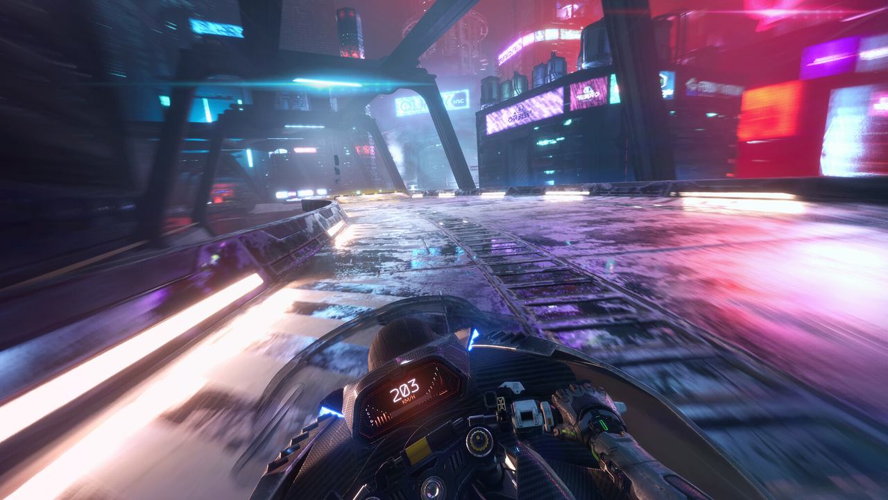 A motorbike speeds down a glowing tunnel