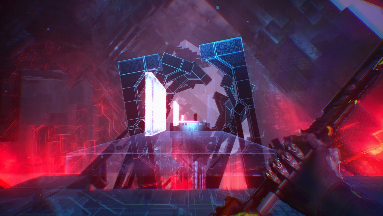 A red holographic gate over a data corridor