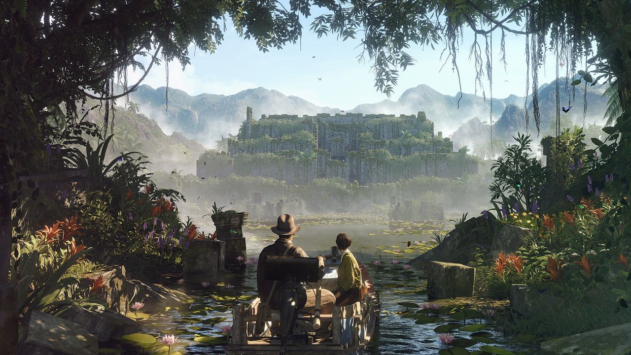 Indy and a companion row through a jungle river towards ancient ruins