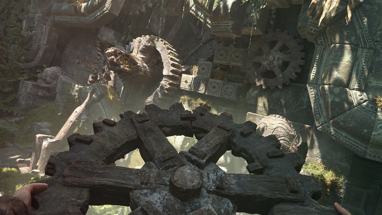 A stone gear mechanism in a dim ancient chamber