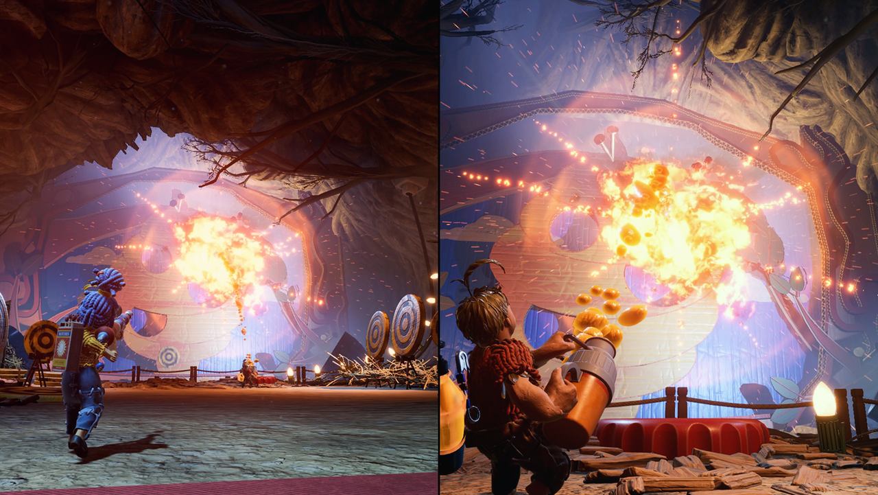Split screen: Cody and May each fight their way through a fiery arena