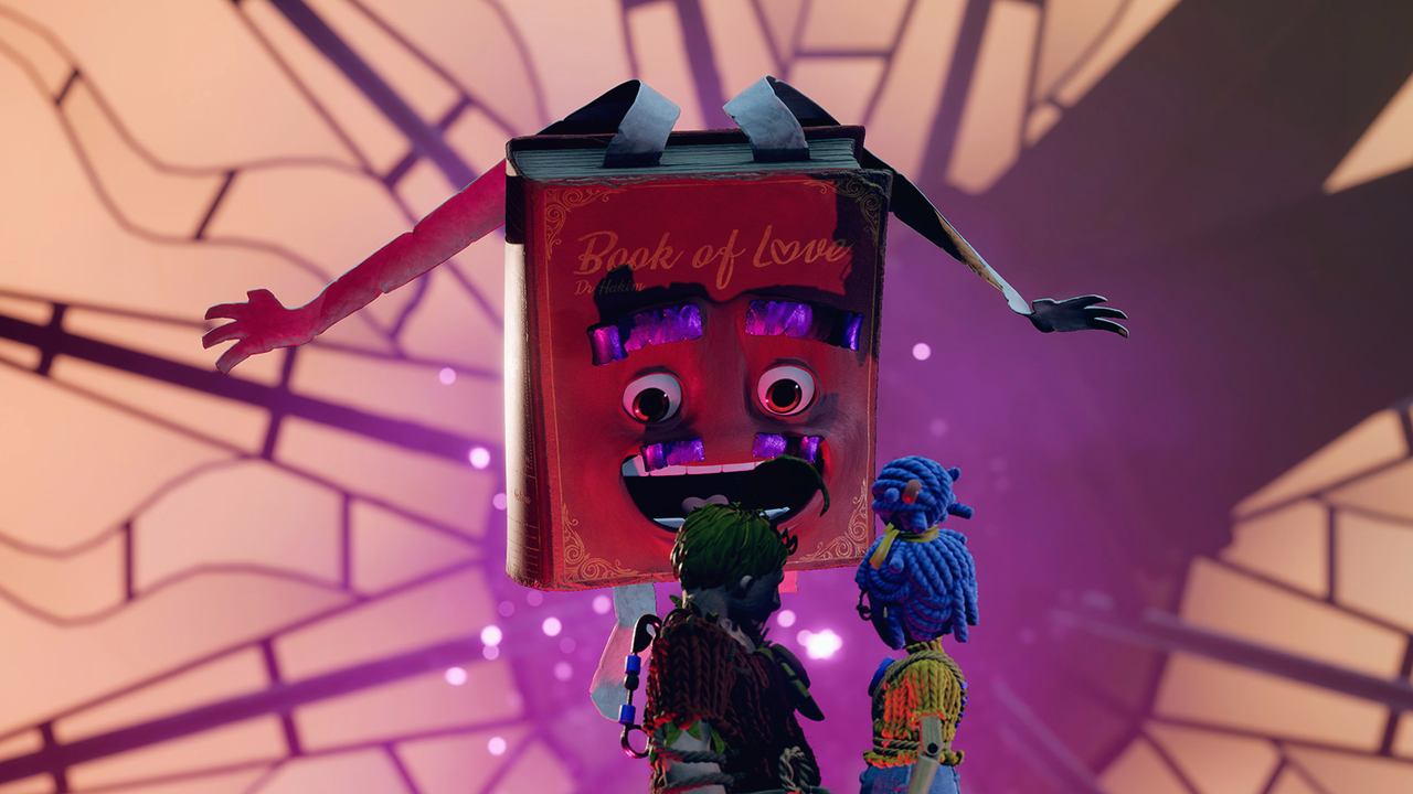 A book character with a heart face bursts through a pink portal