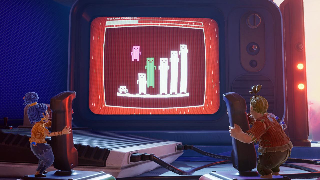 Two tiny figures play a retro arcade game on an old television