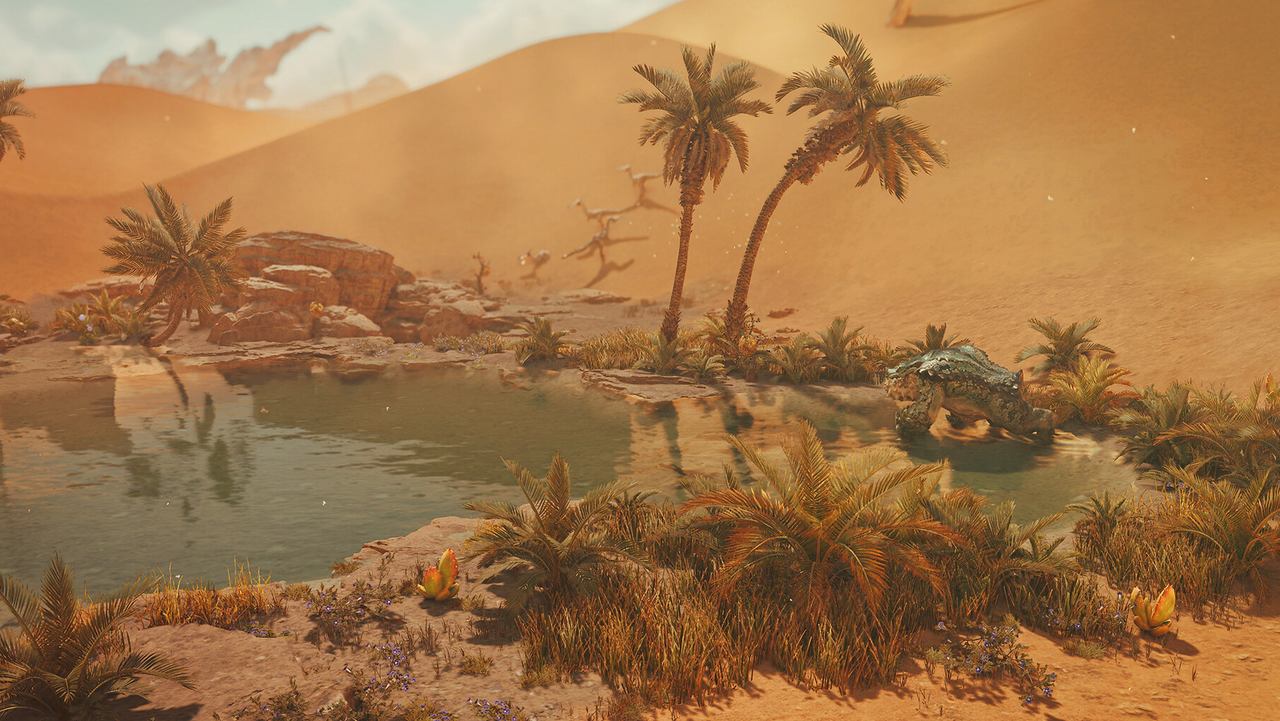 A green oasis with palm trees in the desert
