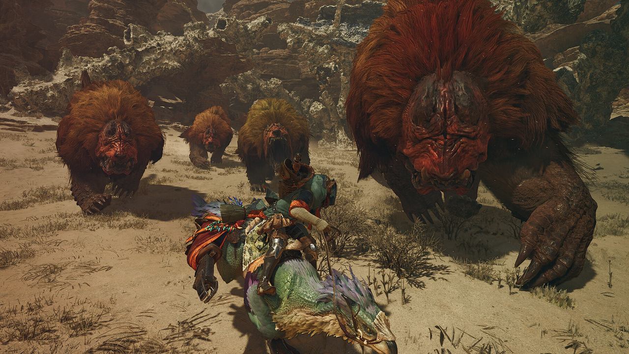 A hunter faces a pack of shaggy red beasts