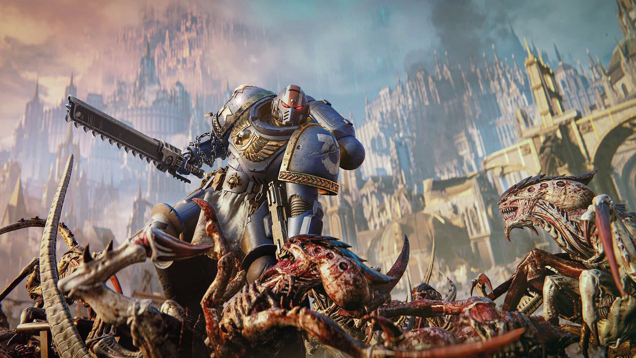 Space Marines fight Tyranids on a rocky plateau