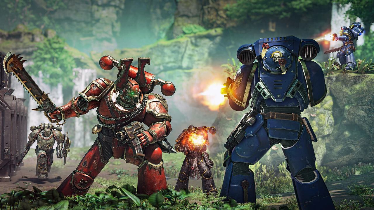 A red and blue Space Marine fight side by side in a jungle
