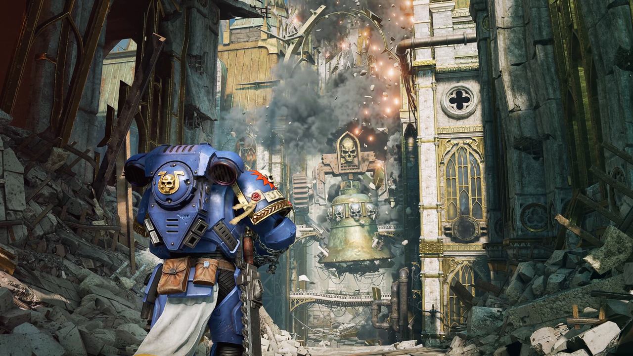 A Space Marine walks through a ruined cathedral city