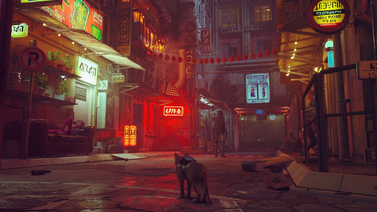 The cat walks down a neon-lit alley lined with shop signs