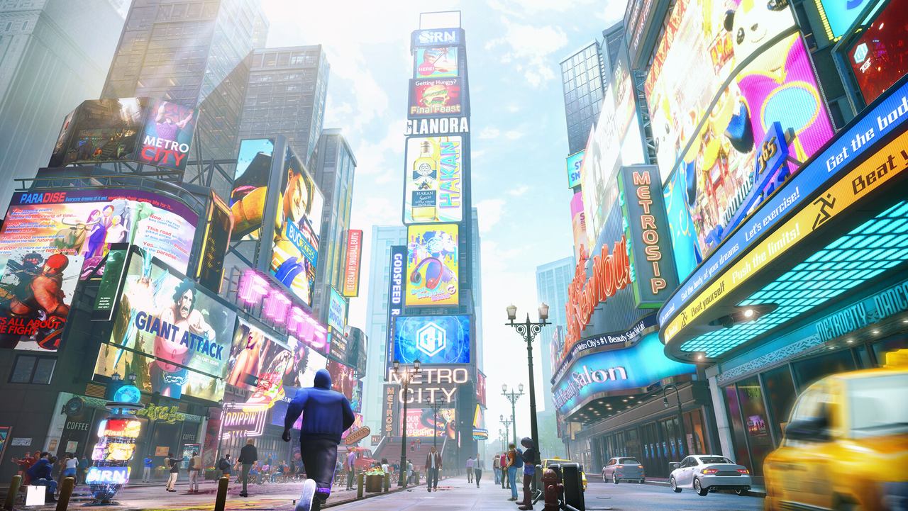 A sunny Metro City street full of billboards