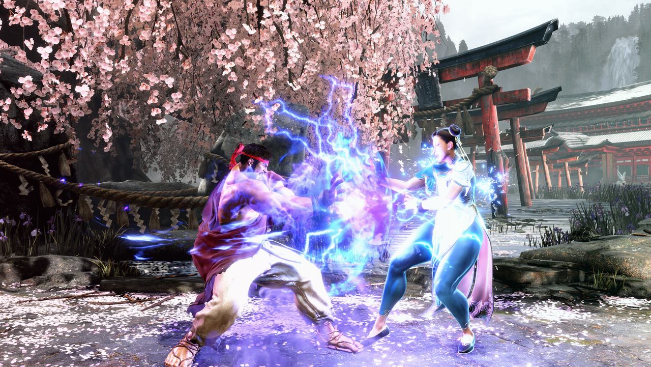 Two fighters trade blows under cherry blossom