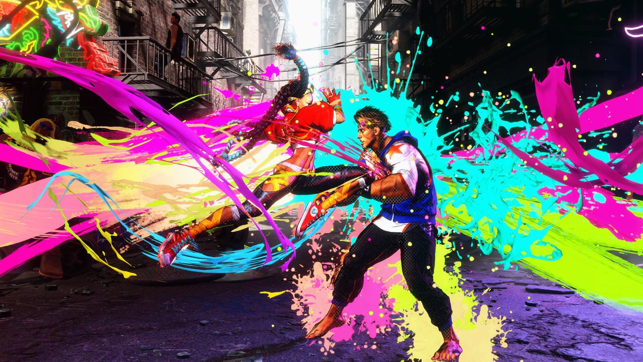 A fighter lands a kick in a burst of neon paint