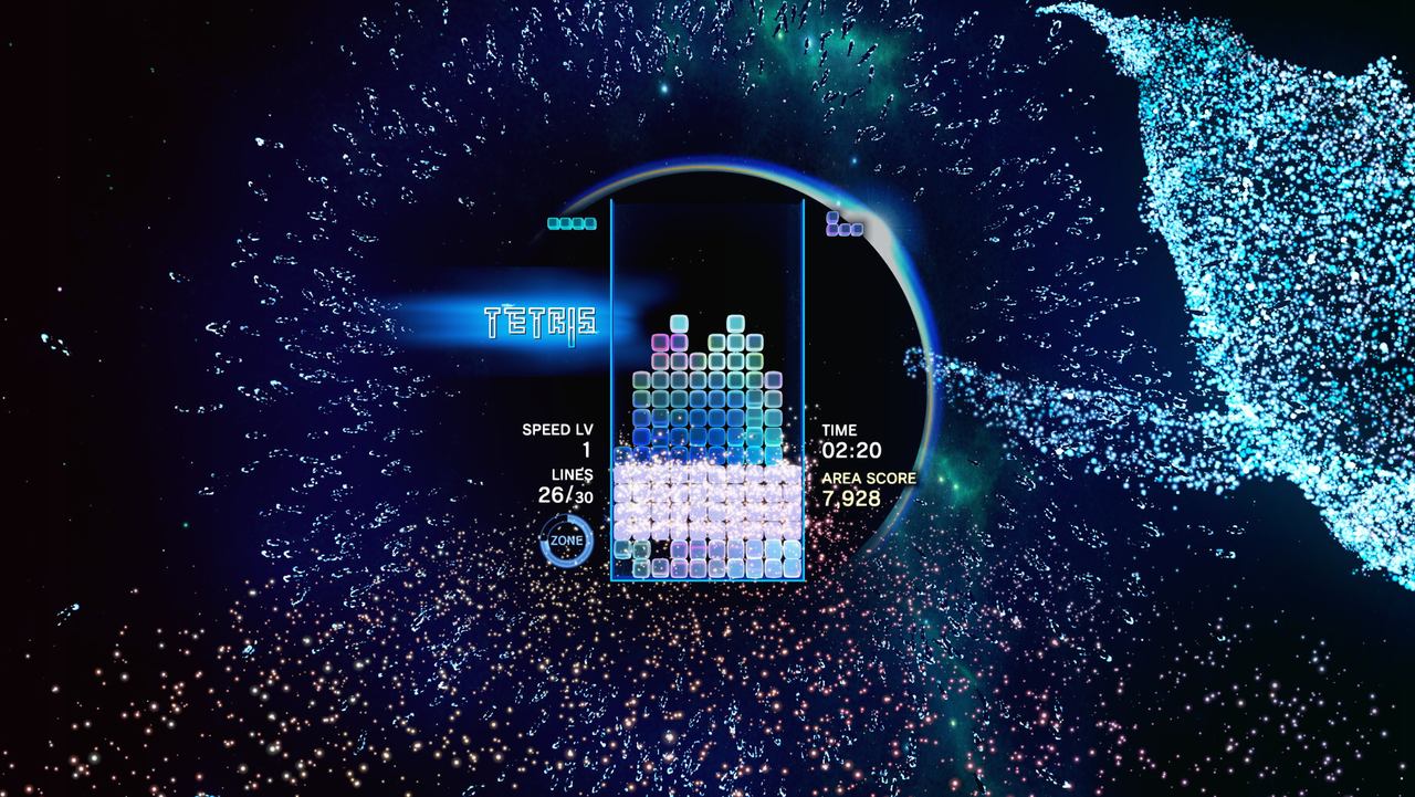A Tetris well surrounded by glowing blue particles