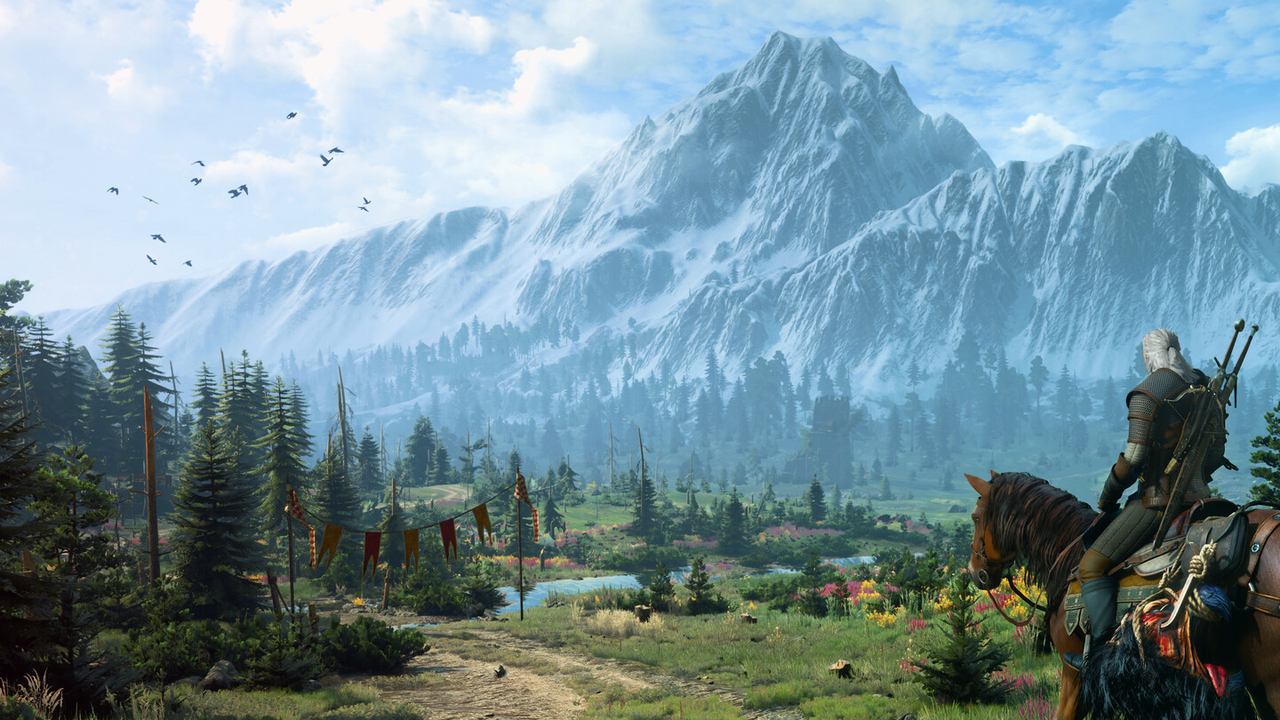 Geralt on horseback before a snow-capped mountain