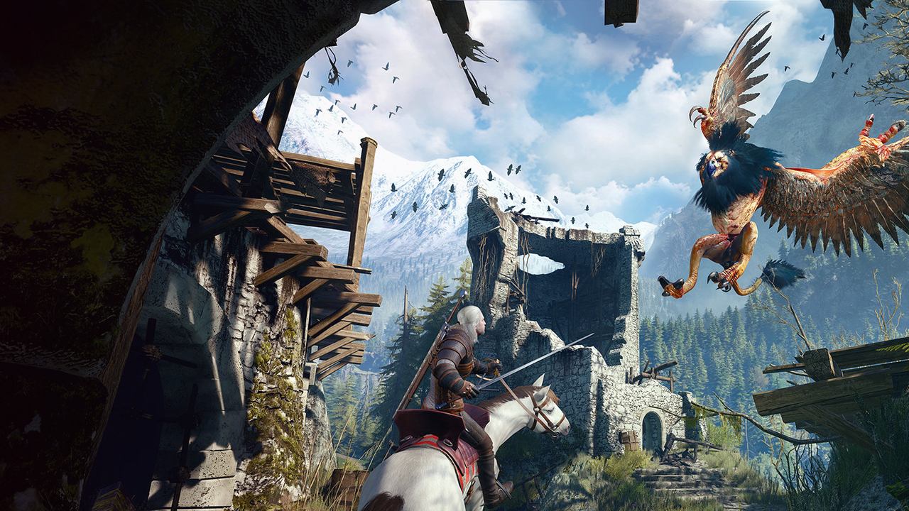Geralt rides towards ruins as a griffin swoops overhead