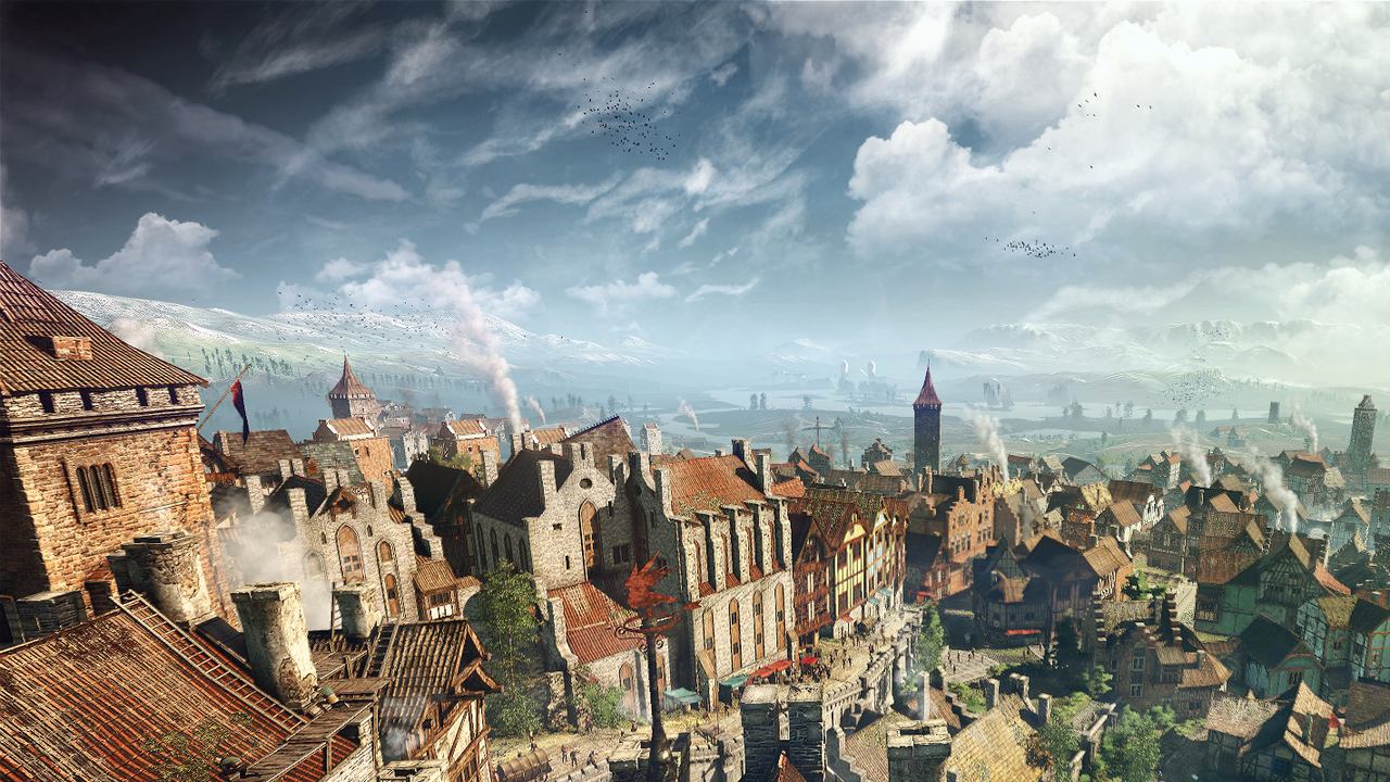 Rooftops of a bustling medieval port city
